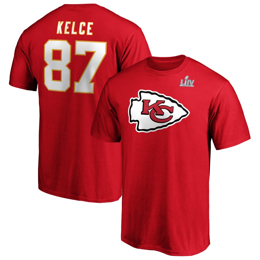 Men's Kansas City Chiefs #87 Travis Kelce NFL Red Super Bowl LIV Bound Halfback Player Name & Number T-Shirt